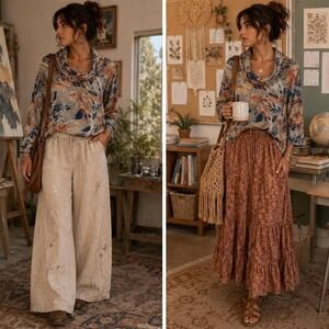 Axyeh Abstract Floral Cowl Neck Tunic Sweater Top Sz M Boho Cozy Artsy Teacher